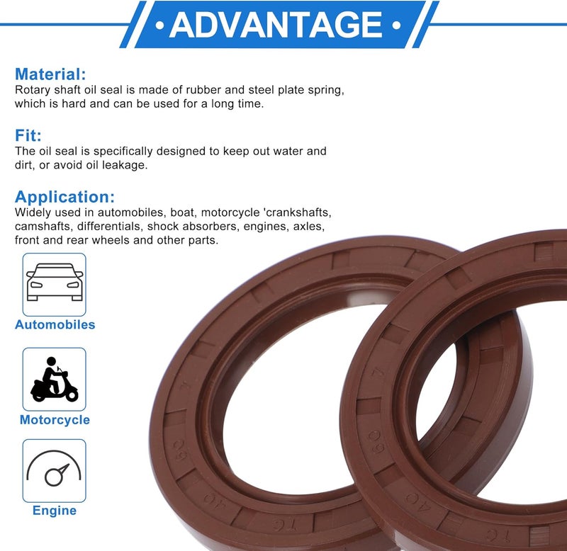 VekAuto Universal Oil Seal TC Double Lip W Steel Spring Seal Ring Rotary Shaft Seal 40x60x7mm High Pressure FKM Rubber Brown 2 Pcs - Image 4